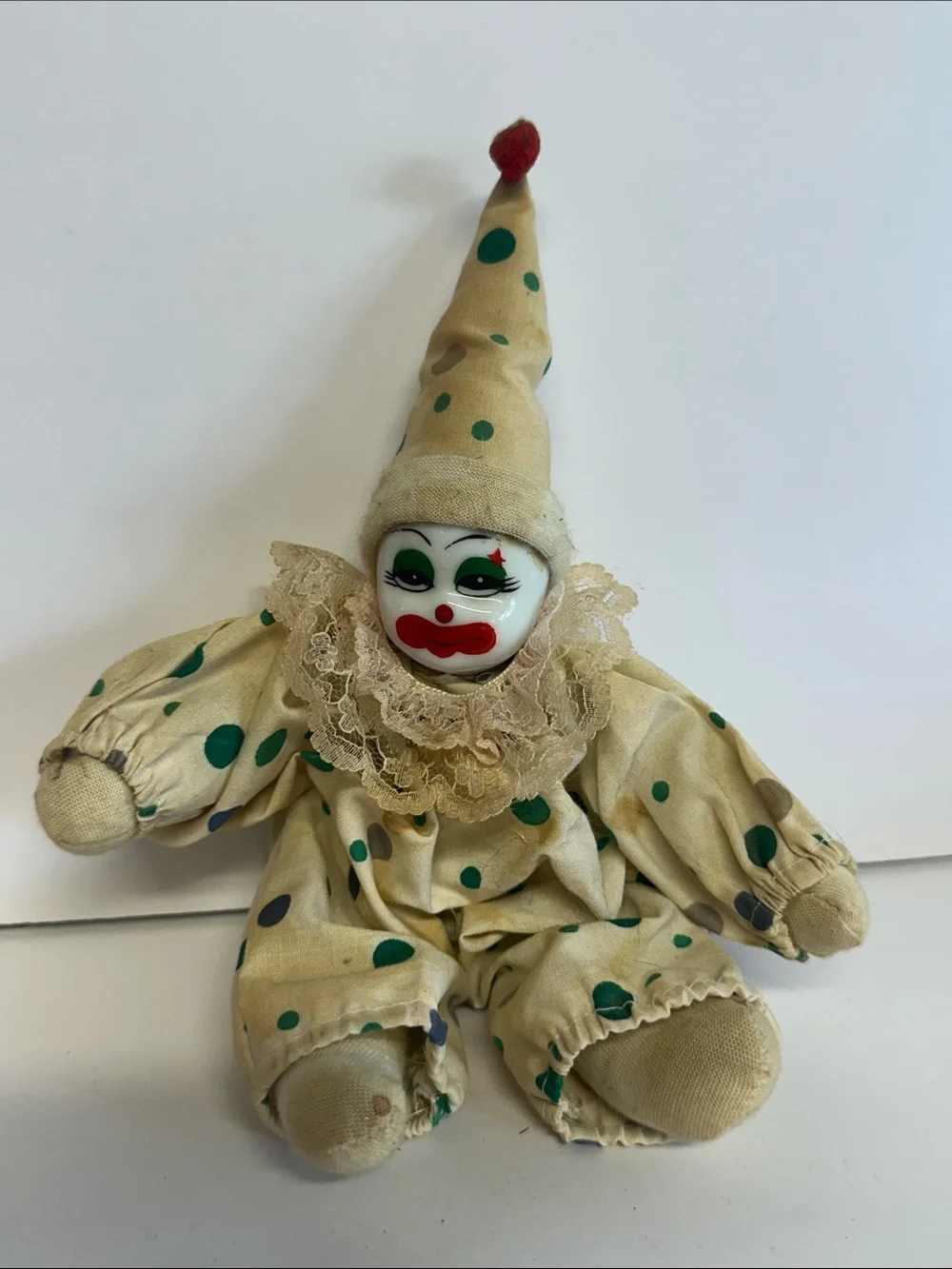Vintage Cream Polka Dot Clown Doll with Red Nose